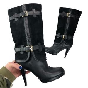 Cole Haan Kennedy Leather Suede  High Heel Nike Air Boots Buckles in Black 6.5